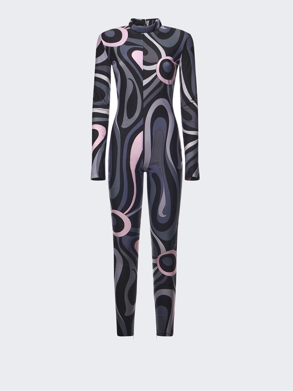Emilio Pucci Abstract Swirl Long-Sleeve Jumpsuit in Black and Pink